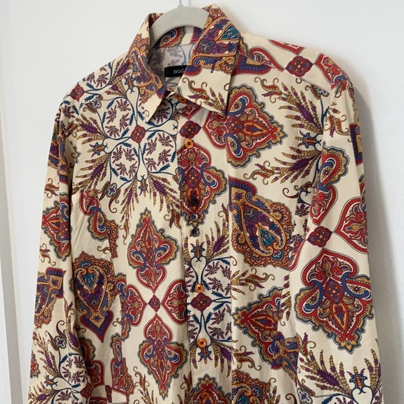 Bogosse Men's Long Sleeve Cream Shirt with Paisley Design Size 3 Cotton - Picture 3 of 11